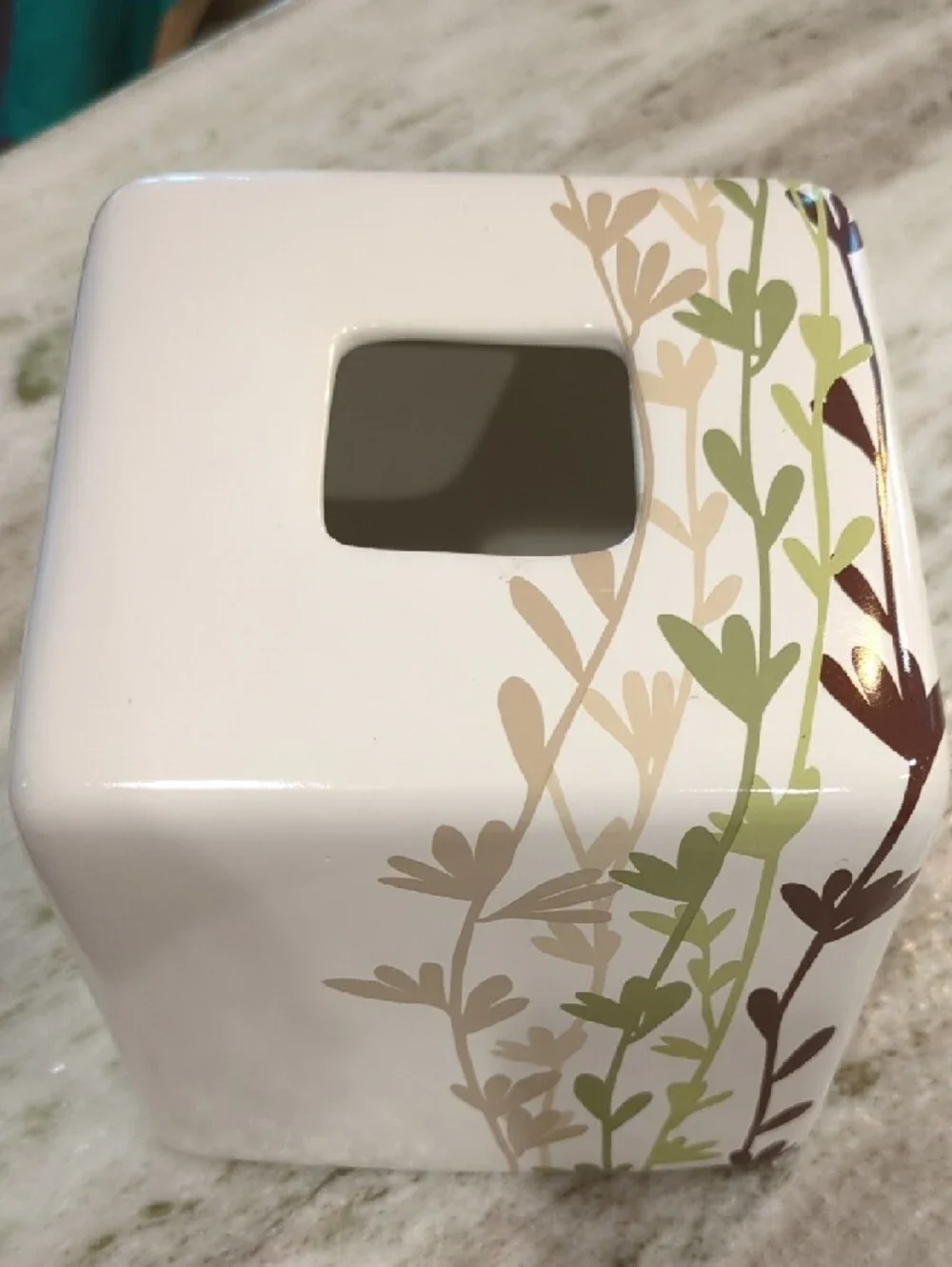 Neutral Ceramic Tissue Box Cover with Green and Brown Vine Design